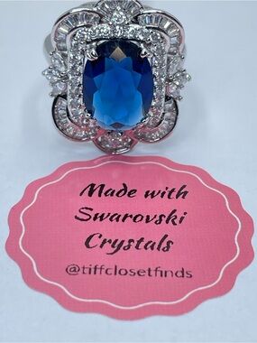 Swarovski Sapphire Blue Crystal Elements Art Deco Statement Ring Vintage Glam